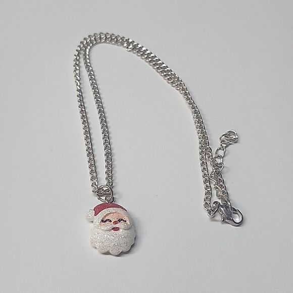 Glitter Santa Christmas Pendant on 16" Silver Tone Chain - Picture 2 of 3